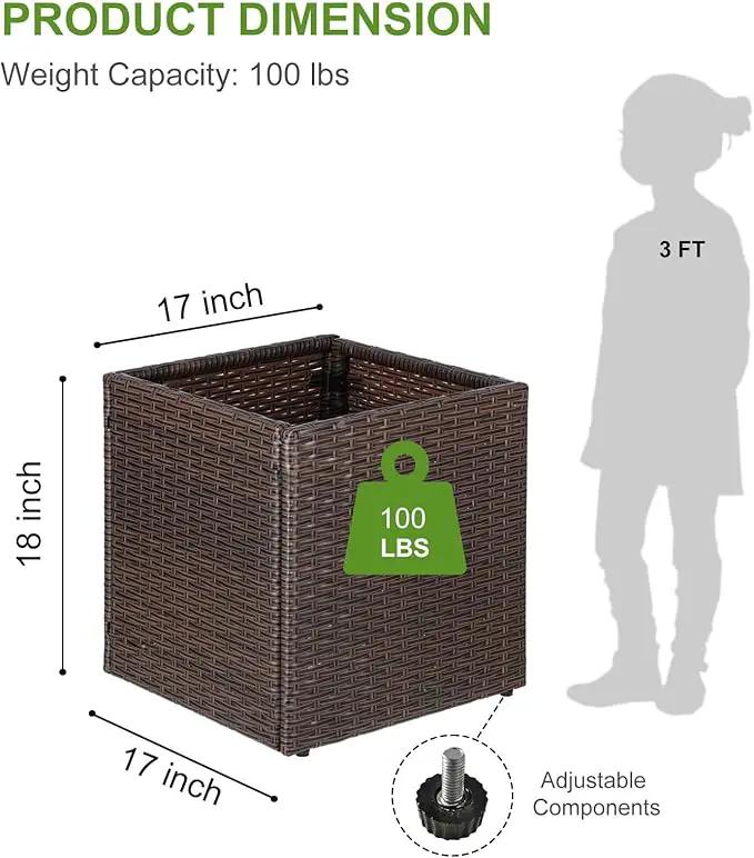 LEWIS&WAYNE Large Square Planter Box Handmade Wicker Tall Planters for Outdoor Plants with Removable Liners Modern Planter for Indoor Outdoor Garden Patio Front Porch - Brown, 17''x17''x18'' by GreenHaven Gardens