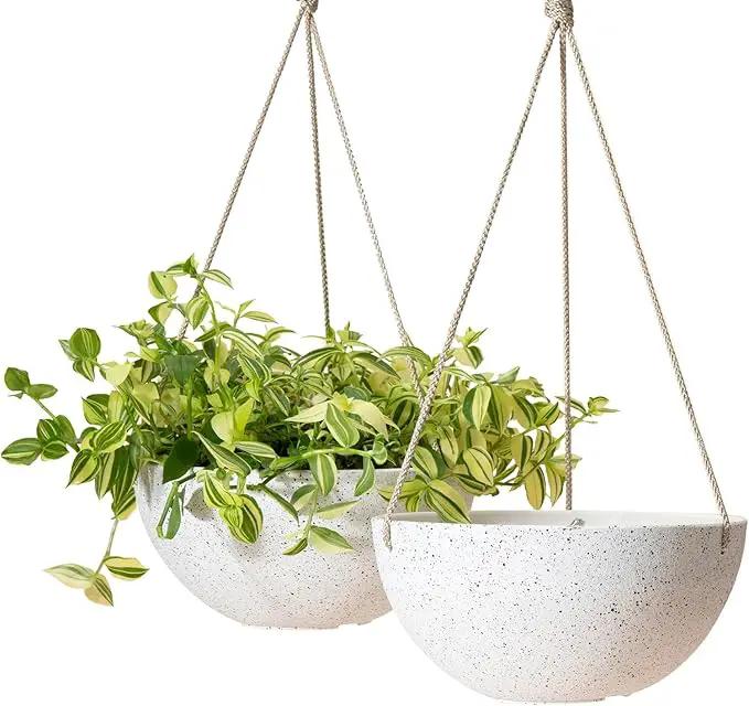 LA Jolie Muse Hanging Planters for Indoor Plants - Flower Pots Outdoor 10 inch Garden Planters and Pots,Speckled White Set of 2 by GreenHaven Gardens