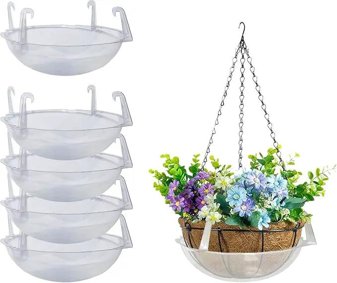 Curtis Wagner Plastics Wire Coco Hanging Basket Drip Pans (5-Pack) | Clear, Round (12” - 14" Top, 3.75" Depth) Hanging Plant Tray Saucer with Built-in Hooks & Water Catcher for Indoor & Outdoor by GreenHaven Gardens