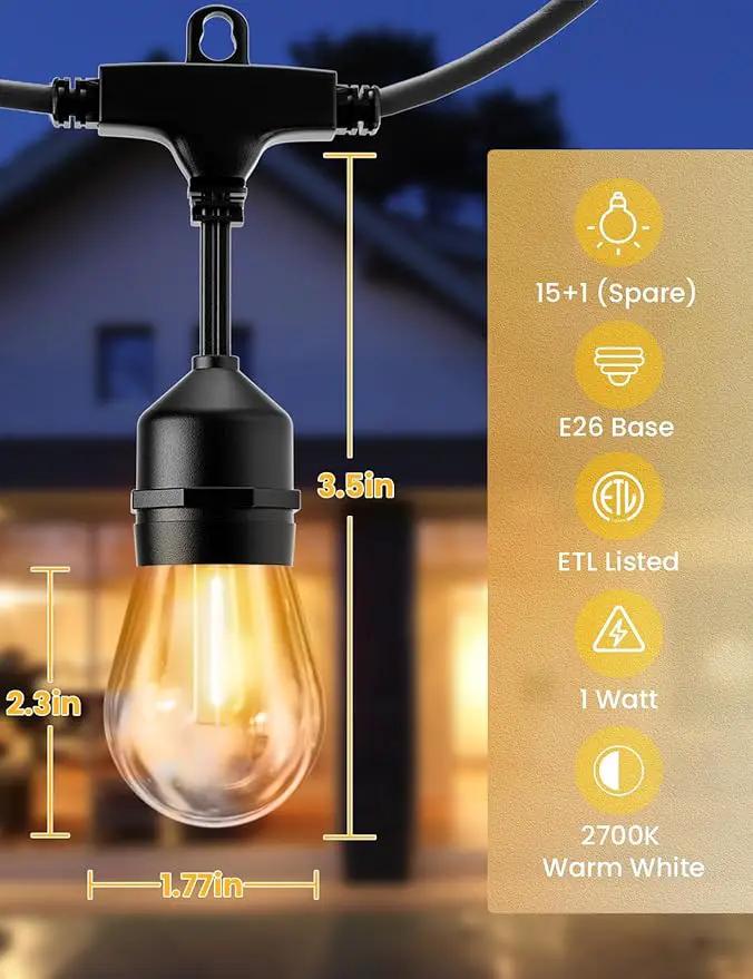 Svater Outdoor Led String Lights 50FT, Patio Lights with 16pcs S14 Shatterproof Bulbs, 1 Watt E26 Dimmable 2700K Warm White, IP65 Waterproof, Commercial Grade Light by GreenHaven Gardens