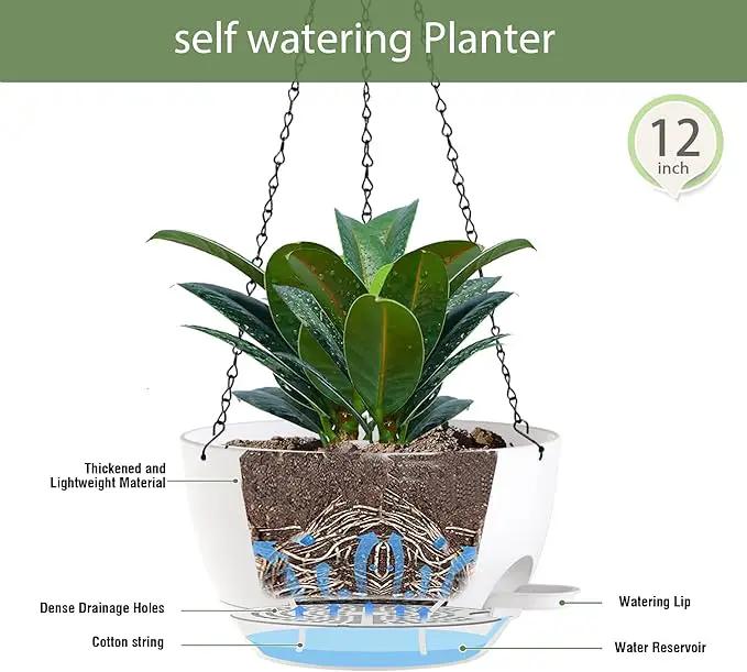 12 Inch Hanging Baskets 2 PC with Chains, Self-Watering Hanging Planters for Indoor Outdoor Plants, Plastic Hanging Flower Pots,White by GreenHaven Gardens