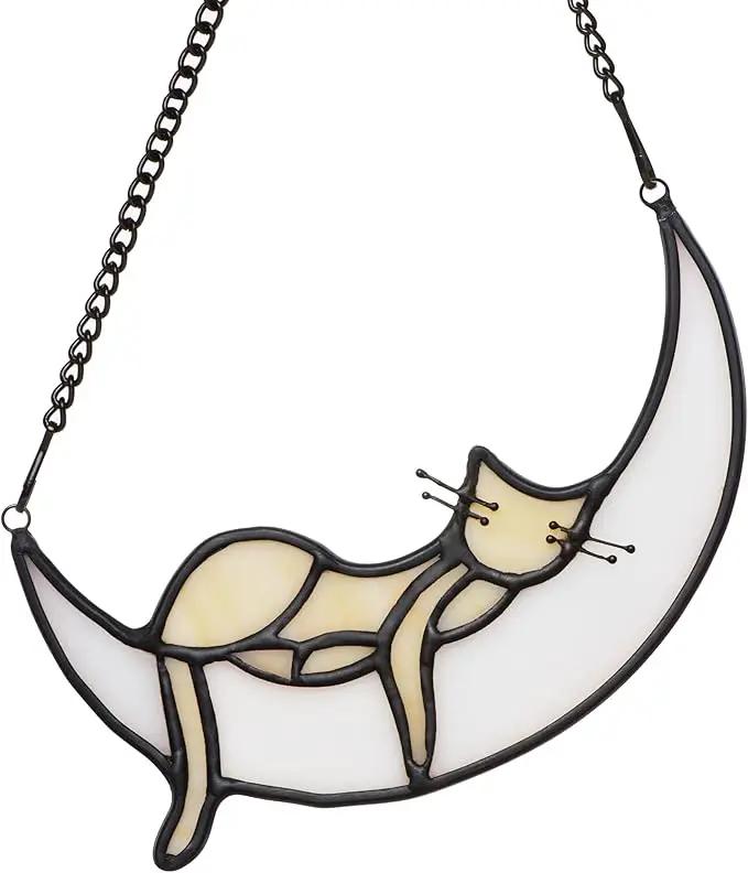 Yellow Cat Decor On Blue Moon Stained Glass for Window, Crystals Suncatchers for Window Ball Prism Rainbow Maker Chain Easy Hanging 2 Balls and 1White Gift Boxes for Cat Lovers Halloween Decor by GreenHaven Gardens