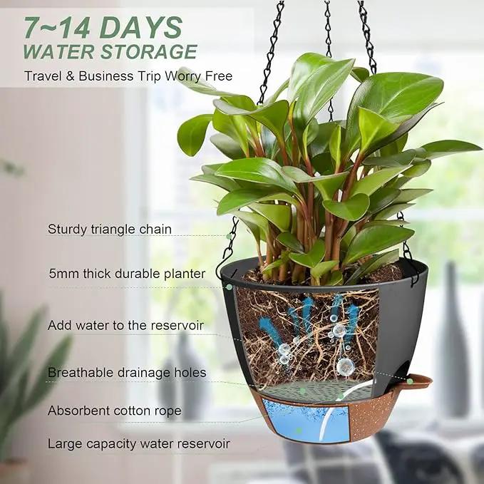 Hanging Planters for Indoor Outdoor Plants, 2 Pack Self Watering Hanging Pot with Drainage Holes & Removable Tray (Black, 6'') by GreenHaven Gardens