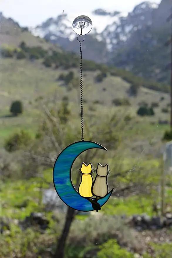 Cat Stained Glass Suncatcher – Cat on Moon Real Glass Window Hanging – Unique Modern Design Wall Art for Home or Garden Décor – Perfect Cat Lover Gift by GreenHaven Gardens