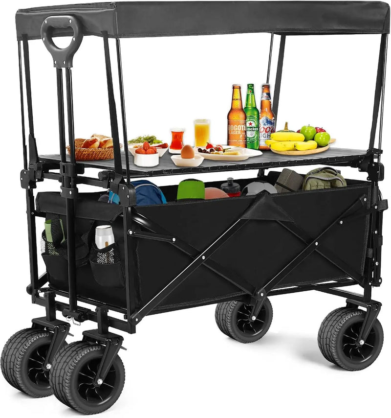 Collapsible Wagon with Table and Canopy, Large Capacity Wagons Carts, Beach Wagon with Big Wheels, Heavy Duty Beach Car Utility Wagon for Outdoor Park, Shopping, Sports, Camping, Garden by GreenHaven Gardens