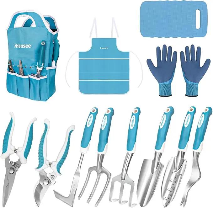Blue Garden Tool Sets 12-Piece, Aluminum Gardening Hand Tools w/Ergonomic Handle, Garden Supplies Organizer Handbag, Kneeling Pad, Apron and Gloves, Gift for Women, Garden Starter Kit for Women by GreenHaven Gardens