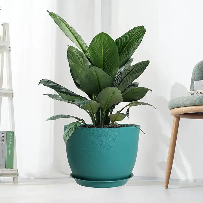 12/10/9 Large Modern Plant Pots, Plastic Planters with Drainage Holes and Saucers for Indoor Outdoor Plants Flowers, Malachite Green by GreenHaven Gardens