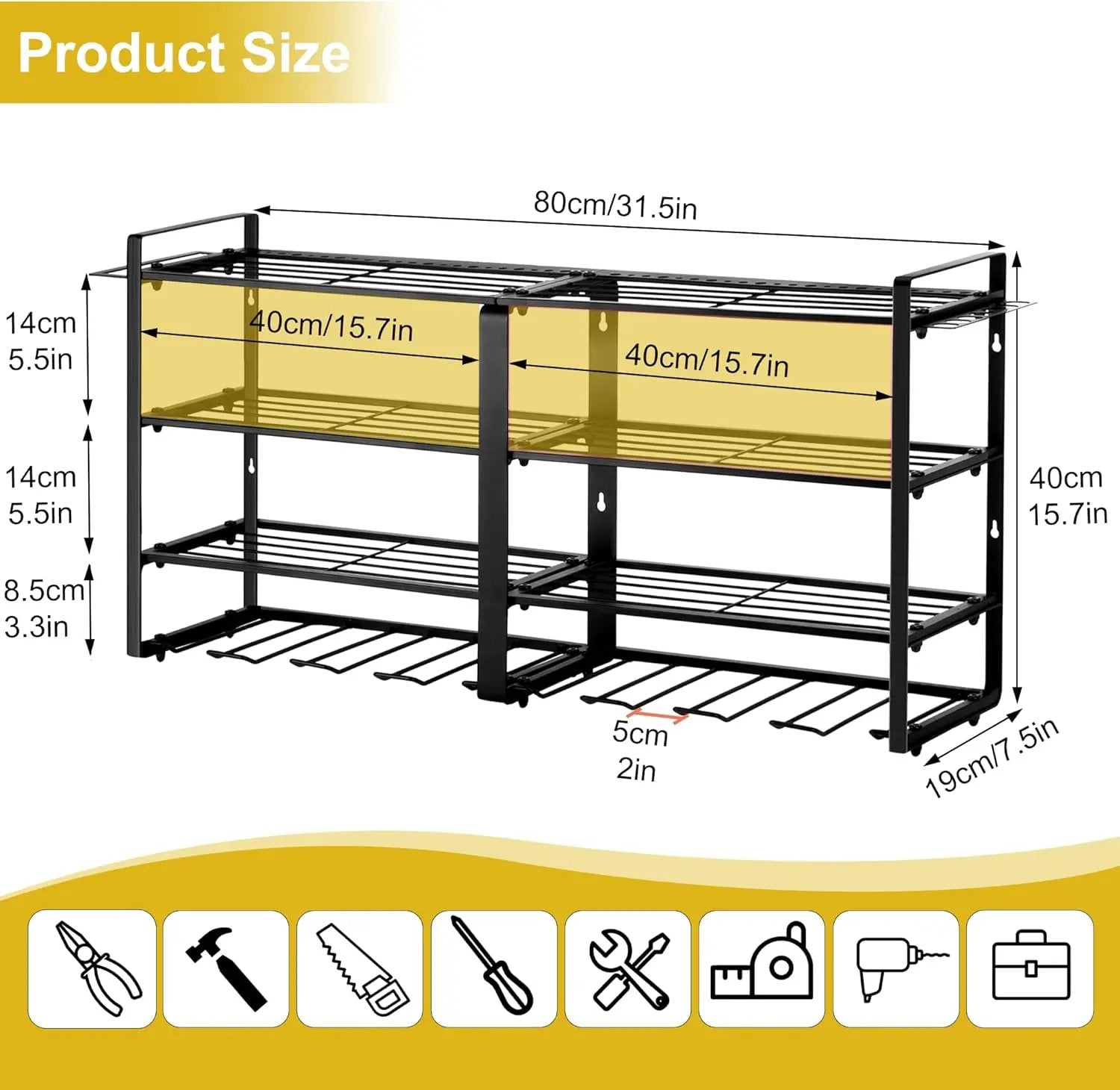 Metal Power Tool Organizer,Space-Saving Wall-Mounted Power Tool Rack,Holds 8 Drills + 4-Tier Storage,Durable Steel Construction for Garage, Workshop and Shed Organization by GreenHaven Gardens