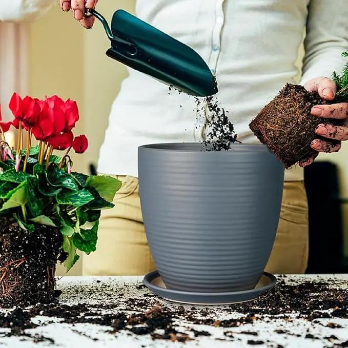 10 Inch Ceramic Planter Round Plant Pots for Plants Indoor Outdoor Glaze Large Flower Pot with Drainage Hole and Saucer Gray by GreenHaven Gardens