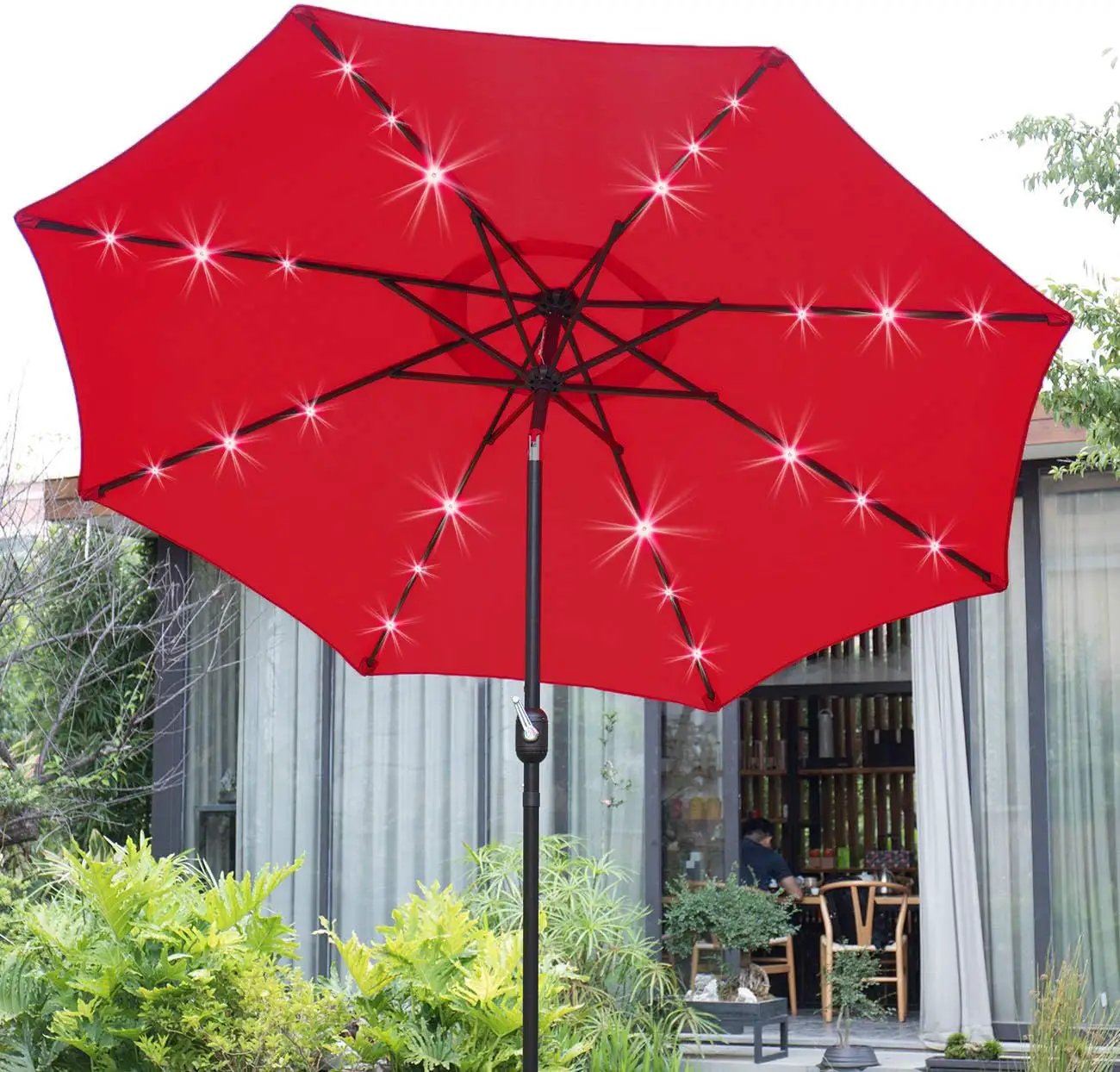Sunnyglade 9' Solar LED Lighted Patio Umbrella with 8 Ribs/Tilt Adjustment and Crank Lift System (Red) by GreenHaven Gardens