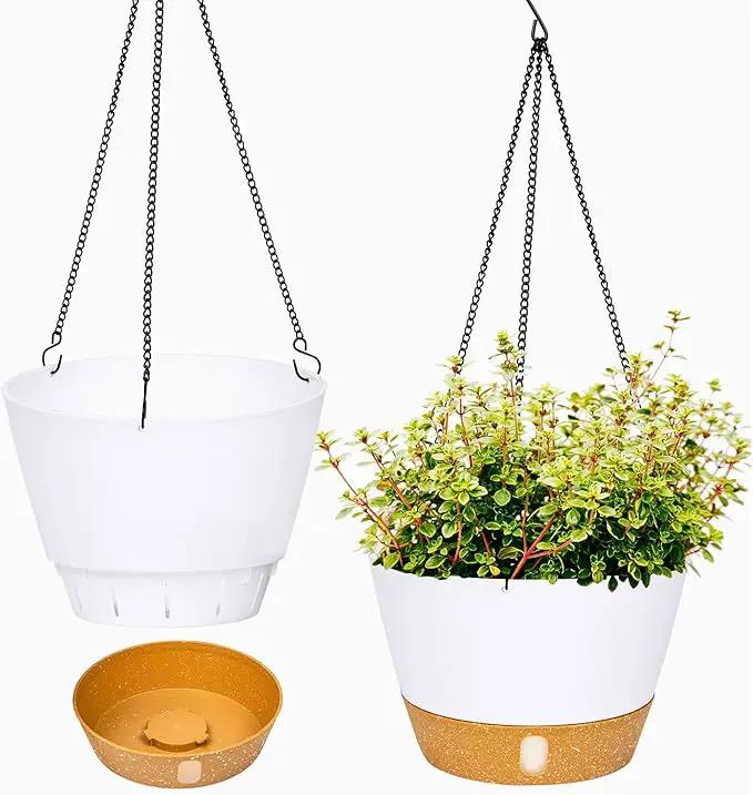 QCQHDU 2 Pack Hanging Planters for Indoor Outdoor Plants, 8 Inch Hanging Baskets Flower Pots with Reservoir Tray & Visible Water-Level by GreenHaven Gardens
