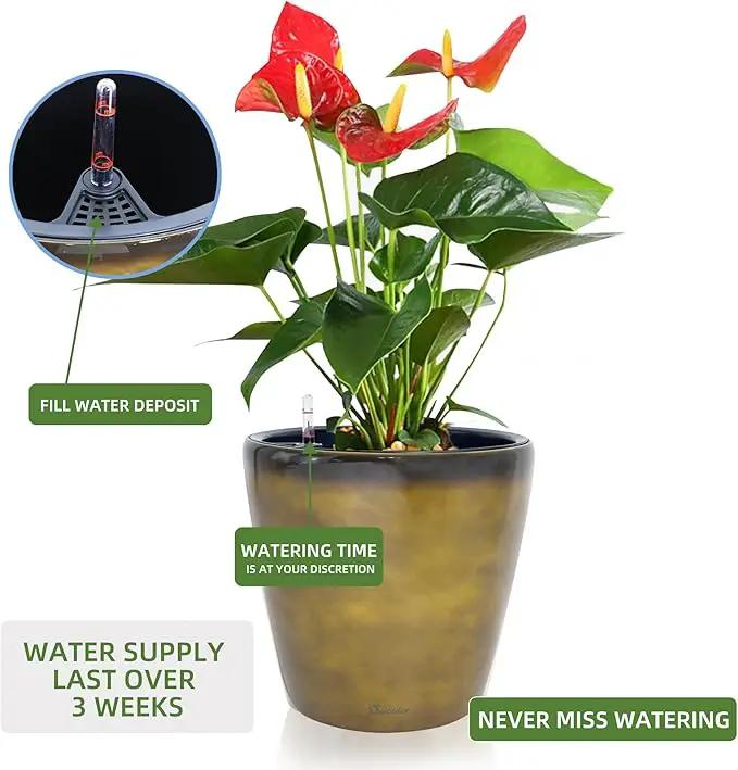 Dexceder 18x17 Self Watering Planter with Wheels Indoor Outdoor, Inner Pot Design, Thickened Large Floor Standing Flower Plant Pot with Water Level Indicator (Yellow Brown Gradient) by GreenHaven Gardens