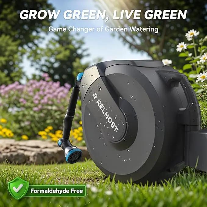 Retractable Garden Hose Reel 100 ft x 5/8 in, Heavy Duty Hose Reel Wall Mount with Any Length Lock, Auto Rewind System, 180° Swivel Bracket, 10-Pattern Garden Hose Nozzle, Dark Grey by GreenHaven Gardens