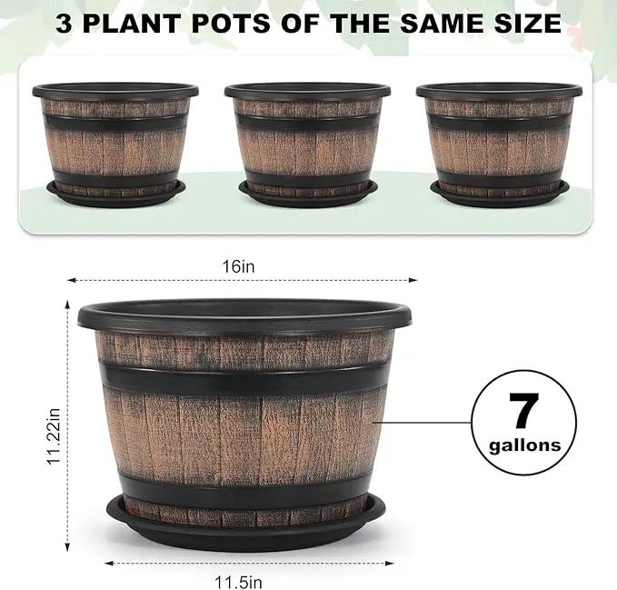 Quarut Large Plastic 3 Pack16 inch Plant Pots,Whiskey Barrel Planters with Drainage Holes & Saucer.Flower Pots Imitation Wine Barrel Design for Indoor & Outdoor Garden Balcony Plants.7 Gallons(Brown) by GreenHaven Gardens