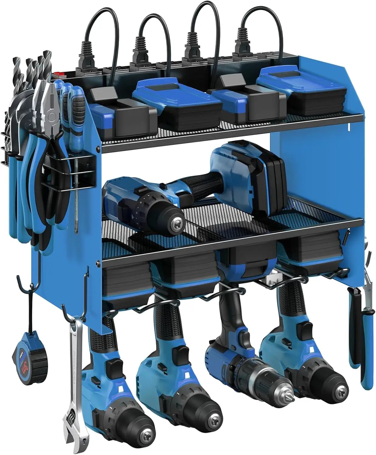 CCCEI Modular Power Tool Organizer Wall Mount with Charging Station. Garage 4 Drill Storage Shelf with Hooks, Screwdriver, Drill Bit Heavy Duty Rack, Tool Battery Holder Built in 8 Outlet Power Strip. by GreenHaven Gardens