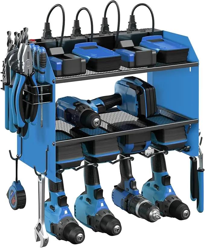 CCCEI Set Power Tool Organizer Wall Mount with Charging Station. Garage 4 Drill Storage Shelf with Hooks, Heavy Duty Metal Tool Battery Charger Organizer. Shop Utility Rack with Power Strip Blue. by GreenHaven Gardens
