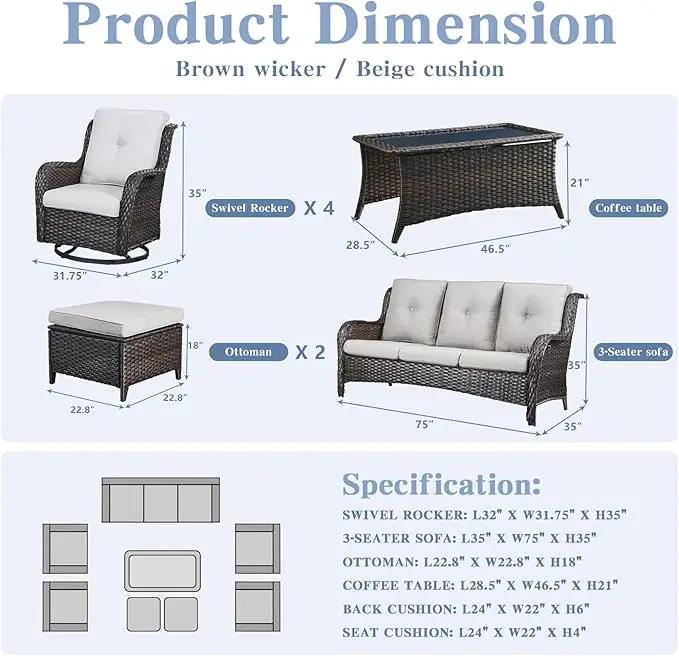 Wicker Patio Furniture Sets - 8 Piece Outdoor Rattan Furniture Conversation Sets with 4 Swivel Rocker Chairs, Rattan Sofa, Wicker Ottomans and Coffee Table, Brown/Beige by GreenHaven Gardens