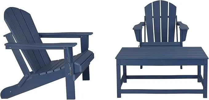WO Home Furniture Adirondack Chairs Table Set of 3 PCS Outdoor Folding Chairs Coffee Table Weather/UV Resistant for Lawn, Garden, Bon Fire, Balcony (Navy Blue) by GreenHaven Gardens