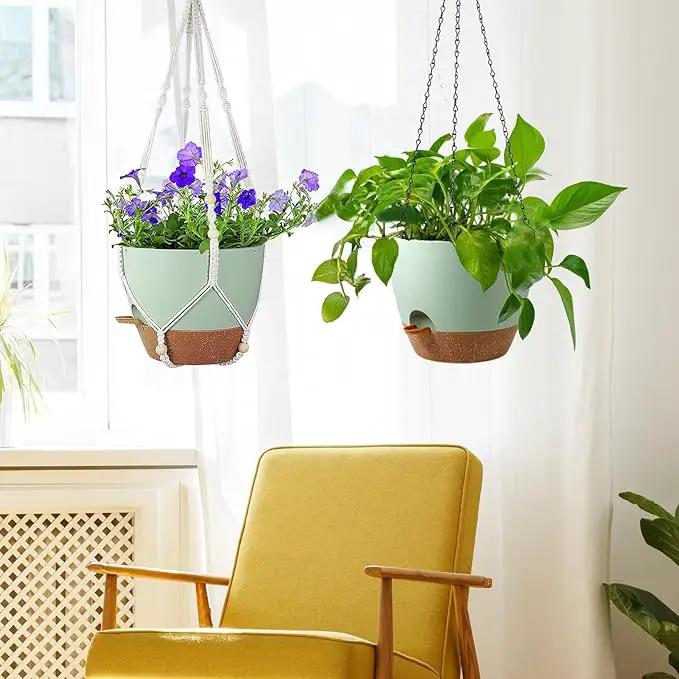 10 inch Self Watering Hanging Planters for Indoor Plants, 2 Pack Hanging Baskets for Outdoor Plants, Hanging Flower Pots with Drainage Holes & 2 Kinds of Plant Hangers for Home Decor, Green by GreenHaven Gardens