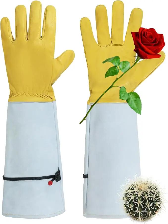 HANDLANDY Rose Gloves for Men & Women, Long Leather Gardening Gloves Thorn Proof, Best Garden Gifts & Tools for Gardener (Yellow-beige, Large (Pack of 1)) by GreenHaven Gardens