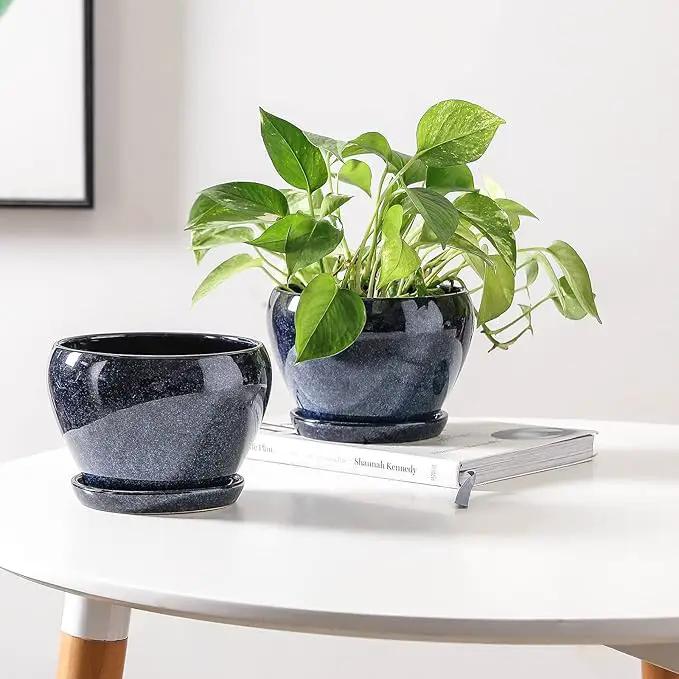 vicrays Ceramic Plant Pots Indoor - 6.5 Inch Planter Pot with Drainage Hole and Saucer for Succulent Orchid Flower Herbs Cactus - Ideal for Gardening Home Desktop Office Decor - Blue by GreenHaven Gardens