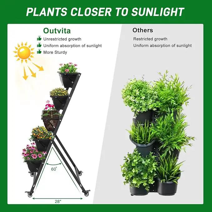 Outvita 4.4 FT Vertical Garden Bed, 5 Tier Vertical Raised Planter, Removable Black Raised Bed Box with 4 Wheels, Movable Elevated Vegetable Flower Planter for Patio Yard Indoor Outdoor by GreenHaven Gardens