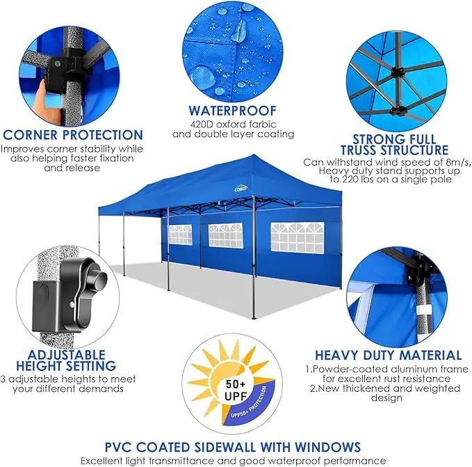 COBIZI 10x30 Pop up Canopy Tent 10x30 Canopy with Sidewalls, Heavy Duty Party Tent Tents for Parties, Foldable UPF 50+ Waterproof Commercial Easy up Canopy with Wheeled Bag, Blue(Frame Upgraded) by GreenHaven Gardens