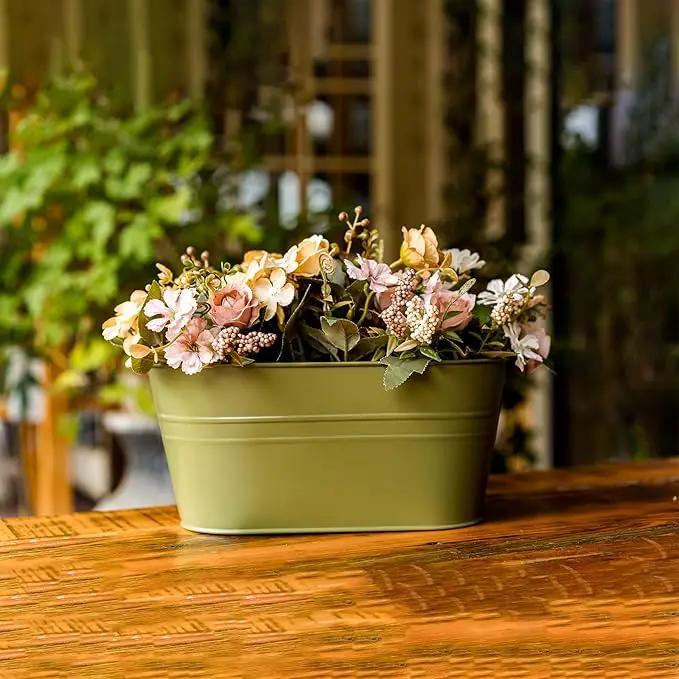 5 Pack Metal Hanging Flower Pots for Railing Fence，Outdoor Balcony Rail Planter with Garden Tools Detachable Hooks Drainage Holes for Deck Garden Home Decor Green by GreenHaven Gardens