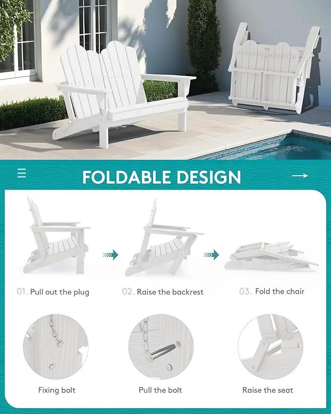 SERWALL 2 Person Adirondack Loveseat, HDPE All-Weather Folding Adirondack Bench Chair, Outdoor Adirondack Chair Set of 4, White by GreenHaven Gardens