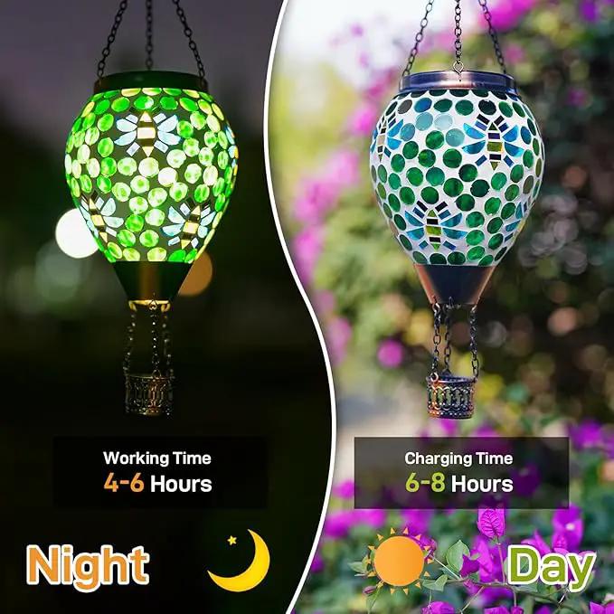 Bee Solar Hot Air Balloon Lantern Outdoor Waterproof, Green Mosaic Glass Hanging Solar Lantern Lights, Outdoor Hanging Lights for Patio Yard Garden Gift for Mom Grandma Women by GreenHaven Gardens