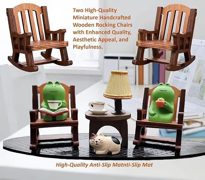 7 Pcs Cute Frog Rocking Chair Set with Miniature Frog Figurines, Mini cat, and Whimsical Trinkets - Versatile Decor for Office, Home, Yard, Patio, and Lawn by GreenHaven Gardens