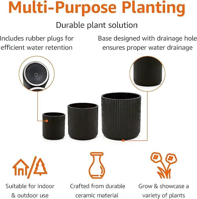 Amazon Basics Assorted Sizes Fluted Ceramic Round Planters, Set of 3, Black, 6-Inch, 8-Inch, 10-Inch by GreenHaven Gardens