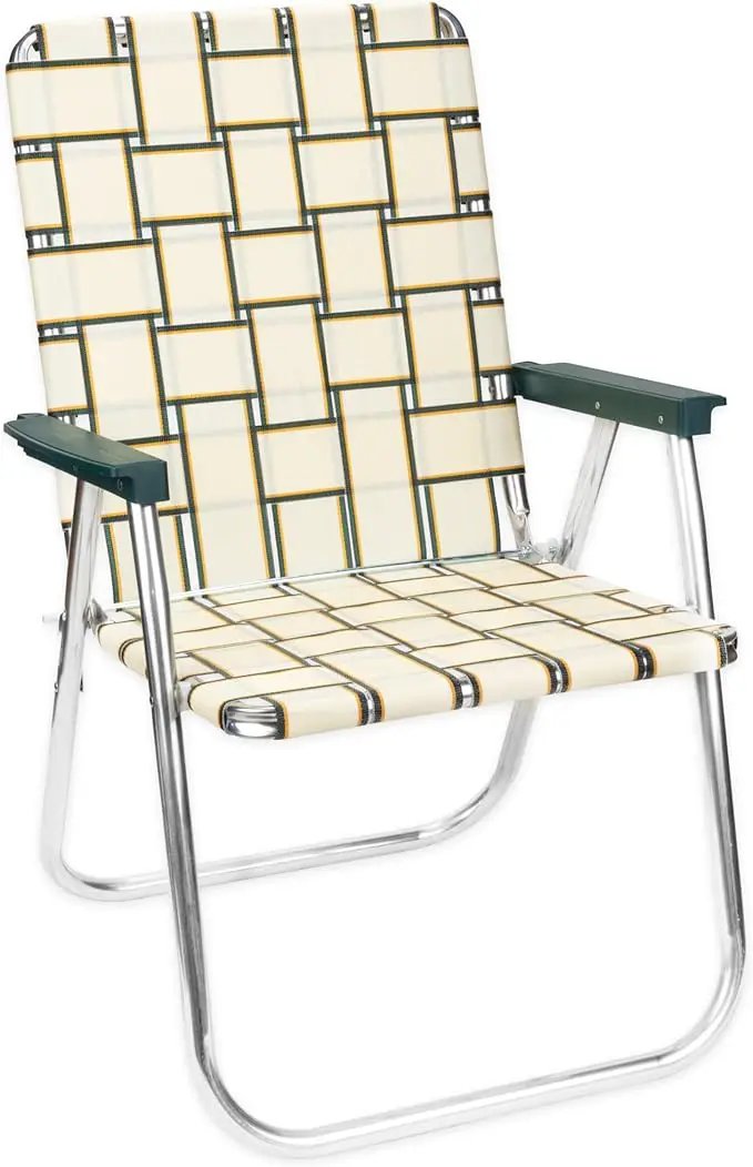 Lawn Chair USA Folding Aluminum Outdoor Patio Lawn Chair | Heavy-Duty Webbed Chairs for Camping, Sports, Beach, Yard & Tailgating | Lightweight Portable | Classic - Charleston Tan with Green Arms by GreenHaven Gardens
