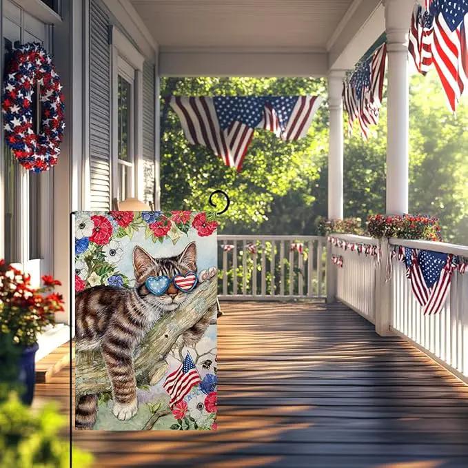 BLKWHT 4th of July Cat Garden Flag 12x18 Vertical Double Sided Red Blue Floral Memorial Day Independence Day Holiday Outside Decorations Burlap Yard Flag BW823 by GreenHaven Gardens