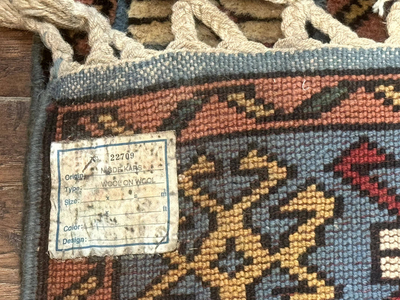 Turkish Kazak Runner Rug 3x11, Cream and Light Blue, Vintage by Jewel Rugs