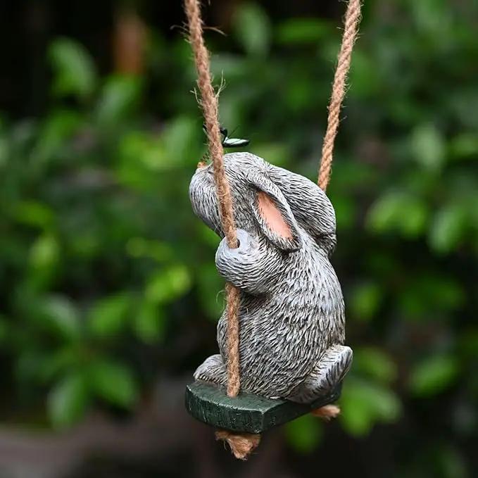 OwMell Garden Rabbit Statues, Cute Swing Bunny with Butterfly Statue Decoration for Yard Hanging Outdoor, Tree Ornaments Figurine for Stump Branch Lawn Patio Decor by GreenHaven Gardens