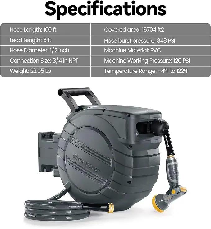 Retractable Garden Hose Reel 5/8 in x 90 ft, 2025 Upgraded Dual Ratchet Lock UV & Freeze Protection Brass Seal Slow Retraction Anti-Tangle Hose 180°Swivel Reinforced Scaffold Wall Mount by GreenHaven Gardens