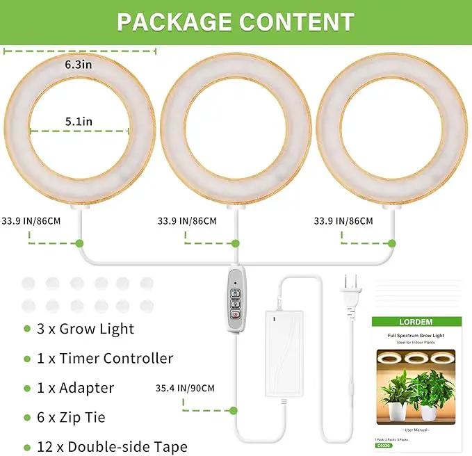 LORDEM 6.3" Bamboo Ceiling Grow Lamp for Indoor Plants, 216 LEDs Full Spectrum Halo Plant Light, Under Cabinet Grow Lights with 4/8/12H Auto Timer Switch Modes, 4 Dimmable Brightness Levels, Tri Head by GreenHaven Gardens