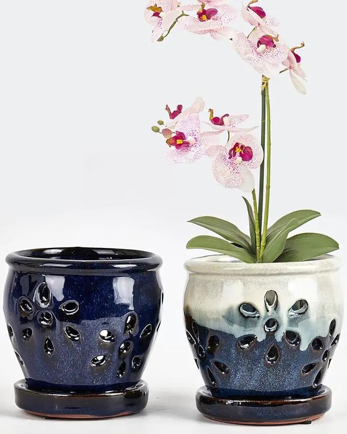 vensovo 4 Inch Ceramic Orchid Pots with Holes and Saucers - 2 Pcs Small Succulent Pot for Repotting, Garden Flowerpots for Plants Indoor and Outdoor Promotes Air Circulation (Blue, Blue Mixed) by GreenHaven Gardens