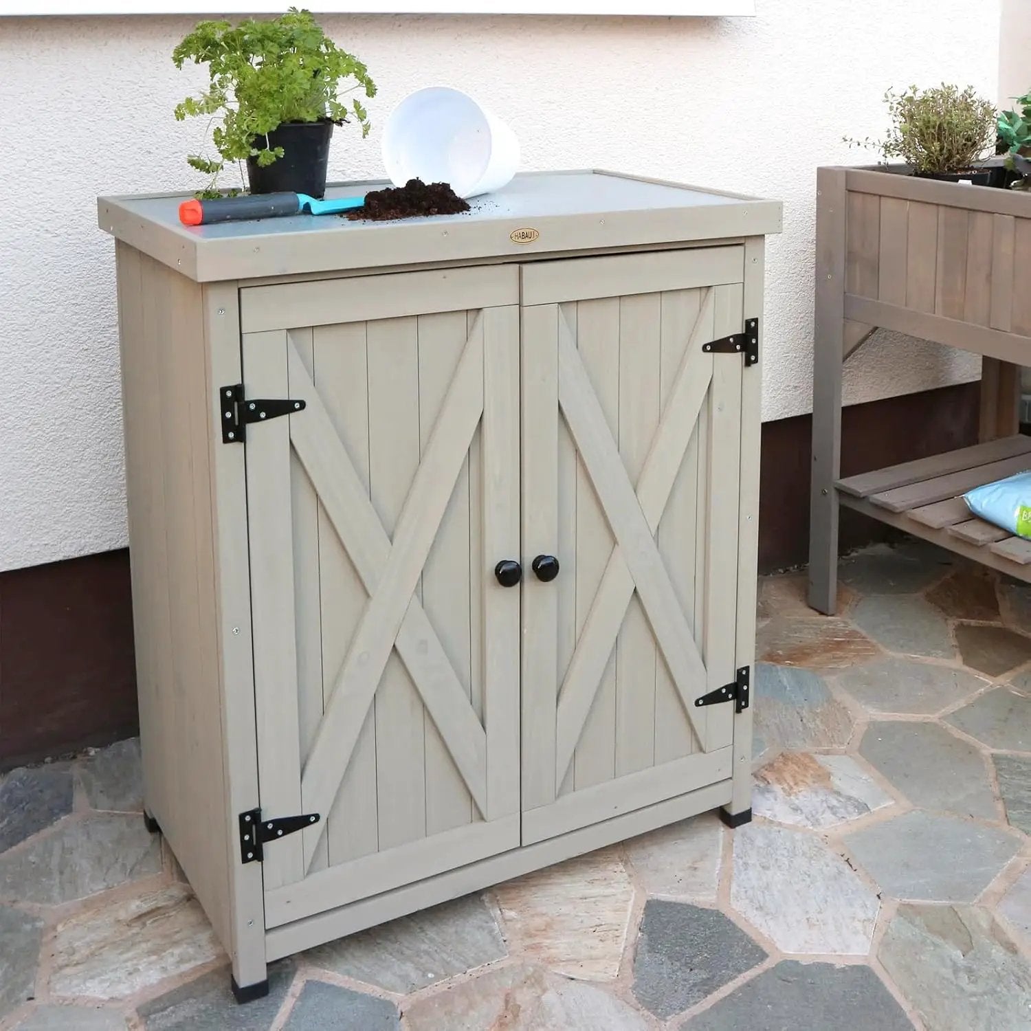 Outdoor Storage Cabinets Weatherproof for Patio, Garden Work Bench with Shelves & Metal Tabletop, Wooden Potting Table Workstation by GreenHaven Gardens