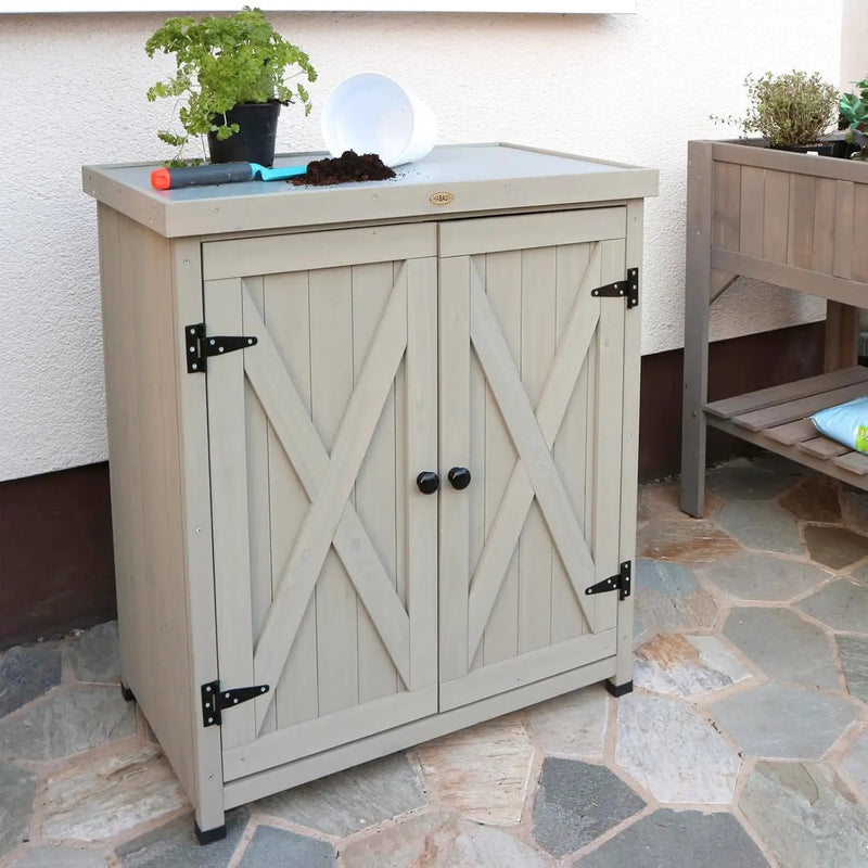 Outdoor Storage Cabinets Weatherproof for Patio, Garden Work Bench with Shelves & Metal Tabletop, Wooden Potting Table Workstation by GreenHaven Gardens