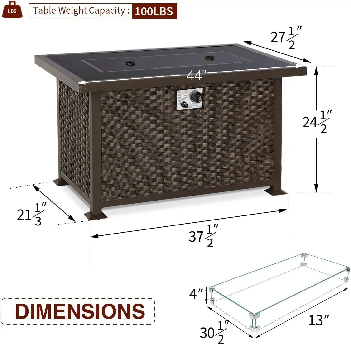 U-MAX 44in Outdoor Propane Gas Fire Pit Table, 50,000 BTU Auto-Ignition Gas Firepit with Glass Wind Guard, Black Tempered Glass Tabletop & Blue Glass Rock, Brown PE Rattan, CSA Certification by GreenHaven Gardens