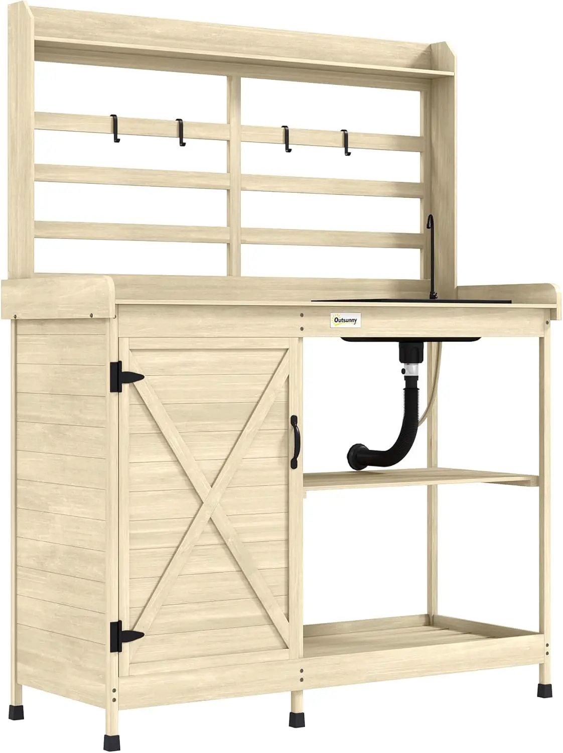 Outsunny Outdoor Wooden Potting Bench Table with Sink and Water Tap, Garden Workstation with Storage Cabinet, Storage Shelves for Backyard, Patio, Balcony, Natural by GreenHaven Gardens