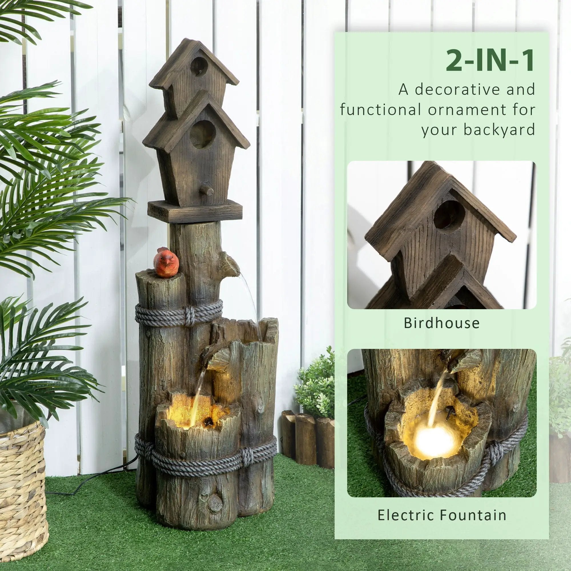 Outsunny - Outdoor Fountain With Birdhouse, Cascading Garden Waterfall Bird Bath With 3 Tier Rustic Tree Trunk / Log Design, LED Lights For Porch, Deck, Yard Decor - Brown by HouseOfZazla