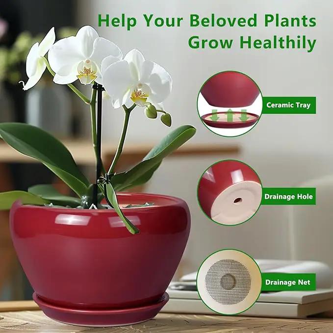 Ceramic Planter - 11 Inch Planter for Outdoor Plants Large Plant Pot Indoor with Drainage Hole and Saucer Round Modern Flower Pot Mid-Century Room Decor Red by GreenHaven Gardens