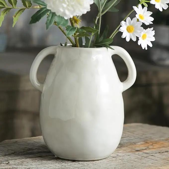 White Ceramic Vase with 2 Handles, Modern Farmhouse Decor, Rustic Terracotta Pottery, Decorative Flower Vases, Clay Small Vase, Centerpiece for Dining Table - 7 Inch Tall by GreenHaven Gardens