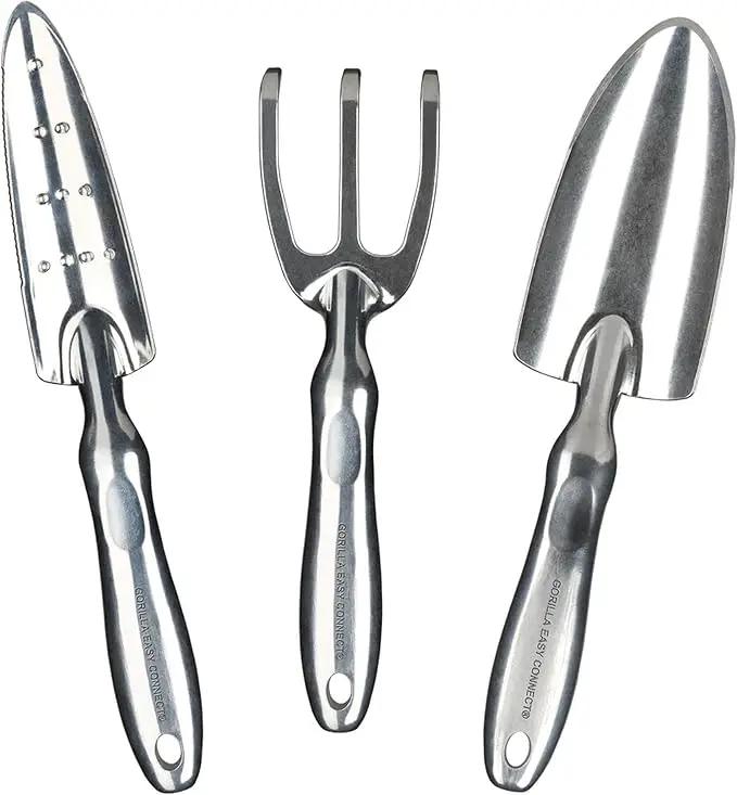 Heavy Duty Garden Tools with Digging Trowel, Transplant Trowel and Cultivator Hand Rake Solid One Piece Cast Aluminum Construction by GreenHaven Gardens