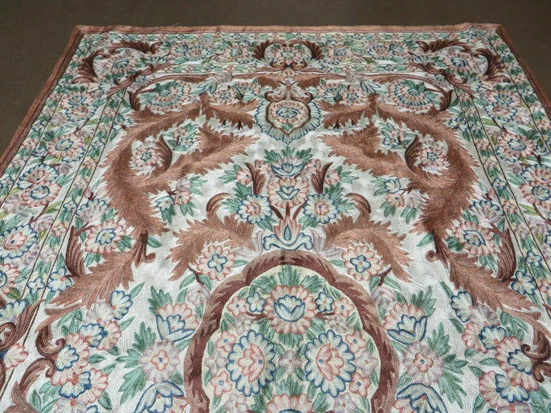 4' X 6' Vintage Embroidery Hand Stitched Rug Silk On Cotton India Backing Nice by Jewel Rugs