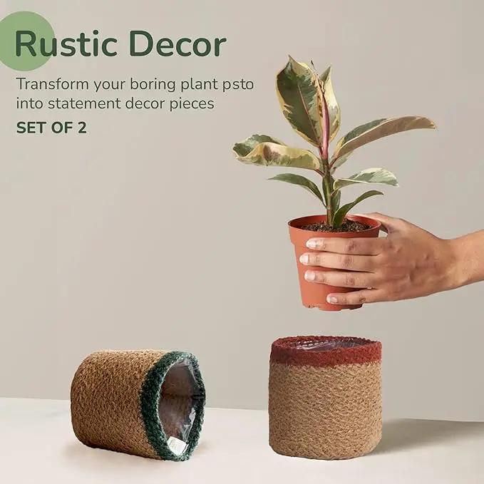Jute Planter Basket-Woven Jute Rope Covers for Decorating Indoor/Outdoor Succulents, Small Plant Pots-Set of 2-Multi-Purpose Storage Bins 4.5 in - Modern Style Décor - Red, Green & Natural by GreenHaven Gardens