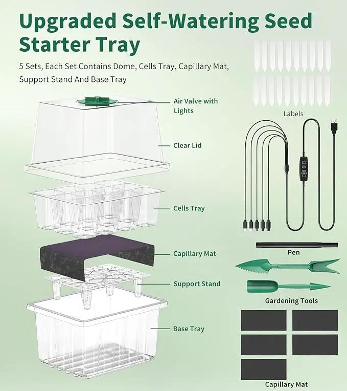 Seed Starter Tray, 60-Cells Seedling Starter Trays with Grow Light, Self-Watering Seed Germination Kit for Indoor Gardening Seed Starting (5 Pack, Clear Base) by GreenHaven Gardens